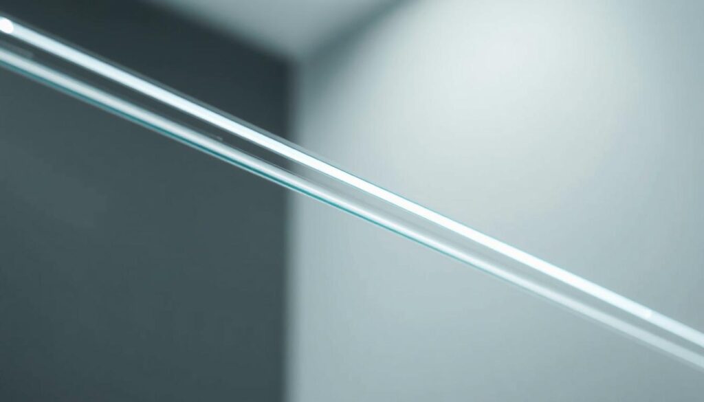 A high-quality, detailed close-up shot of a glass panel made of einscheibensicherheitsglas (ESG), also known as tempered or toughened safety glass. The glass appears flawless, with a smooth, sleek surface reflecting the surrounding environment. Lighting is soft and even, highlighting the material's inherent clarity and structural integrity. The image captures the unique characteristics of ESG, such as its increased strength, thermal resistance, and safety features, making it an ideal choice for shower enclosures and other bathroom applications. The overall composition and lighting convey a sense of modern, high-end design and sophistication befitting the topic of "Material- und Sicherheitskompetenz: ESG oder VSG für Ihren Duschbereich".