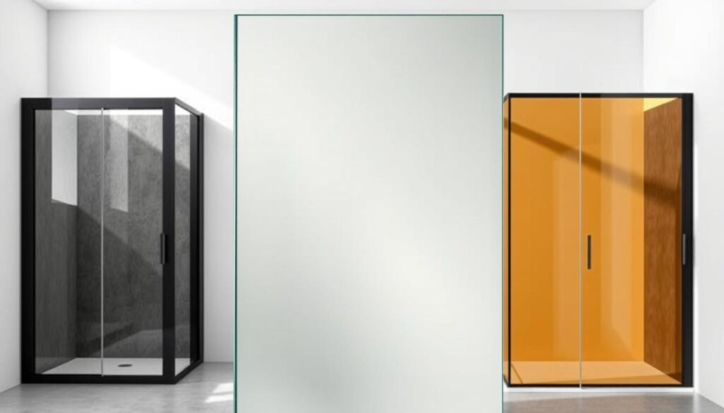 A high-quality, detailed image showcasing a diverse range of modern shower enclosure designs. In the foreground, a sleek, frameless glass panel with a satin finish, casting a soft, translucent glow. Behind it, a bold, black-framed door with a matte, velvety texture, contrasting sharply with the clear glass. To the side, a tinted glass partition in a warm, amber hue, adding depth and richness to the composition. The background features a minimalist, light-filled interior, with clean lines and a subtle, harmonious color palette, creating an atmosphere of sophisticated, contemporary elegance. Lighting is natural, with soft shadows and highlights accentuating the materiality and craftsmanship of the designs. The camera angle is slightly elevated, providing a balanced, visually appealing perspective.