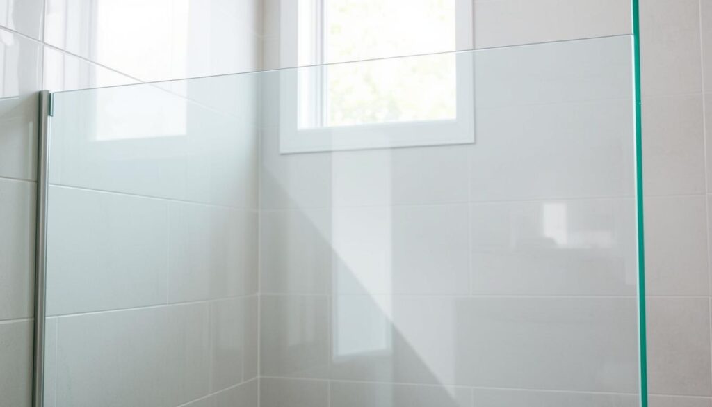 A high-quality, frameless glass shower panel reflecting the soft, natural light streaming through a window. The panel is positioned against a sleek, minimalist tile wall, its smooth, translucent surface creating an elegant, spa-like atmosphere. The glass is seamlessly integrated into the shower enclosure, creating a sense of openness and airiness. The edges are precision-cut, with a subtle sheen that catches the light. The overall composition emphasizes the panel's simplicity, functionality, and ability to enhance the visual appeal of the bathroom space.