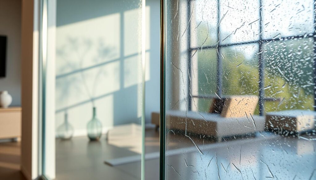 A high-quality glass panel with a distinctive safety glass texture, illuminated by soft, natural lighting from a large window. The glass appears seamless, with a sleek, modern design that would be well-suited for a contemporary living room. The surface reflects the surrounding environment, creating a sense of depth and transparency. The lighting and angles showcase the material's durability and scratch-resistance, highlighting its suitability for a sliding door application. An overall sense of elegance, security, and functionality is conveyed, aligning with the article's focus on quality sliding door solutions. A high-quality glass panel with a distinctive safety glass texture, illuminated by soft, natural lighting from a large window. The glass appears seamless, with a sleek, modern design that would be well-suited for a contemporary living room. The surface reflects the surrounding environment, creating a sense of depth and transparency. The lighting and angles showcase the material's durability and scratch-resistance, highlighting its suitability for a sliding door application. An overall sense of elegance, security, and functionality is conveyed, aligning with the article's focus on quality sliding door solutions.