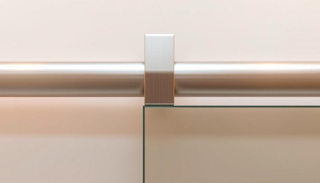A high-quality, intricately detailed close-up view of a sleek, modern aluminum sliding door track system, showcasing its precision engineering and seamless functionality. The brushed metal finish gleams under warm, directional lighting, accentuating the clean lines and smooth curves of the rail. The track is mounted flush against a crisp, white wall, emphasizing its minimalist, integrated design. The scene conveys a sense of quality, durability, and elegant simplicity - the perfect solution for a luxurious glass sliding door system.