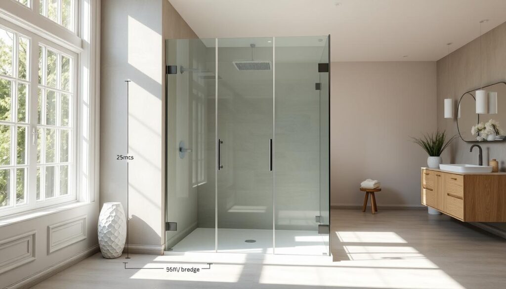 A high-quality, meticulously crafted glass shower enclosure stands in a well-lit, spacious bathroom. The enclosure's precise measurements - maß, höhe, breite - are showcased, highlighting its tailored fit and sturdy construction. Sunlight streams in through large windows, casting a warm, natural glow and enhancing the glass's transparency. The sleek, minimalist design seamlessly integrates with the room's elegant decor, creating a harmonious, spa-like ambiance. The camera captures the enclosure from a slightly elevated angle, emphasizing its commanding presence and superior craftsmanship. Attention to detail is paramount, from the crisp, clean lines to the flawless, streak-free surface of the glass panels.