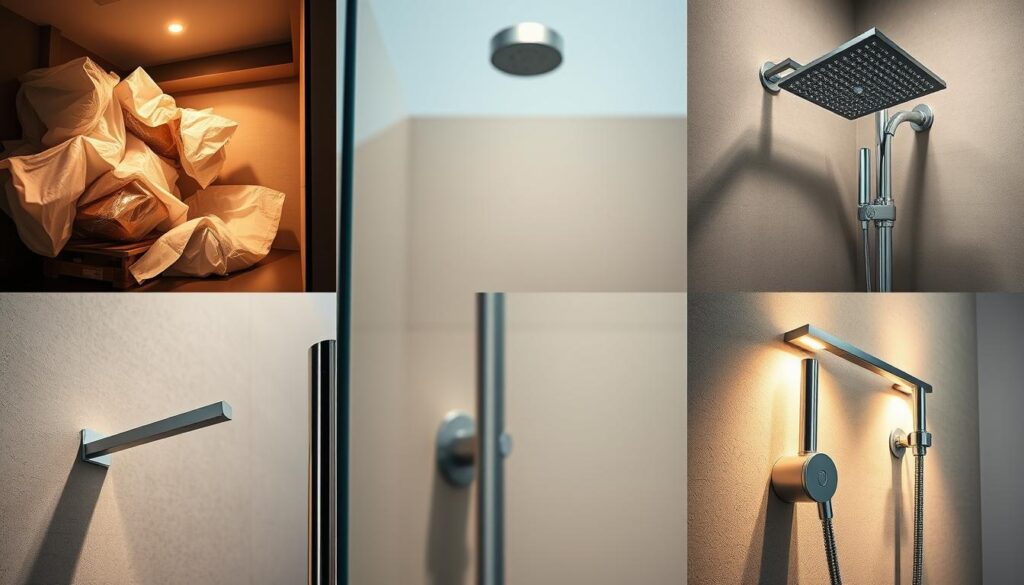 A high-quality, meticulously crafted montage showcasing the assembly and installation process of a custom shower enclosure. Crisp, well-lit close-up shots depict the precise, intricate steps involved, from unpacking components to seamless wall integration. Sleek, modern hardware and fittings gleam under warm, soft lighting, conveying a sense of German engineering excellence. The overall composition has a harmonious, almost meditative quality, emphasizing the craftsmanship and attention to detail that goes into creating a bespoke, high-performance shower solution for the home.