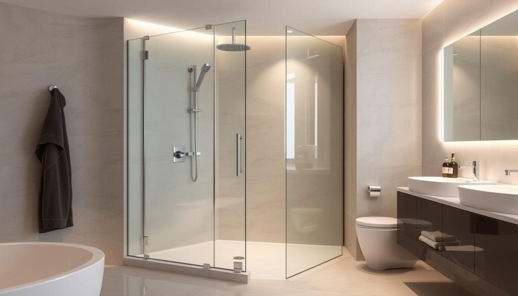 A high-quality, professionally installed glass shower enclosure in a modern, spacious bathroom. The frameless glass panels seamlessly integrate with the tiled walls and floor, creating a sleek, minimalist aesthetic. Indirect LED lighting gently illuminates the space, casting a warm, inviting glow. The glass surfaces are immaculately clean, reflecting the luxurious fittings and fixtures. The overall composition conveys a sense of tranquility and sophistication, perfectly suited for the "Einbausituationen und Lösungen im Bad" section of the article.