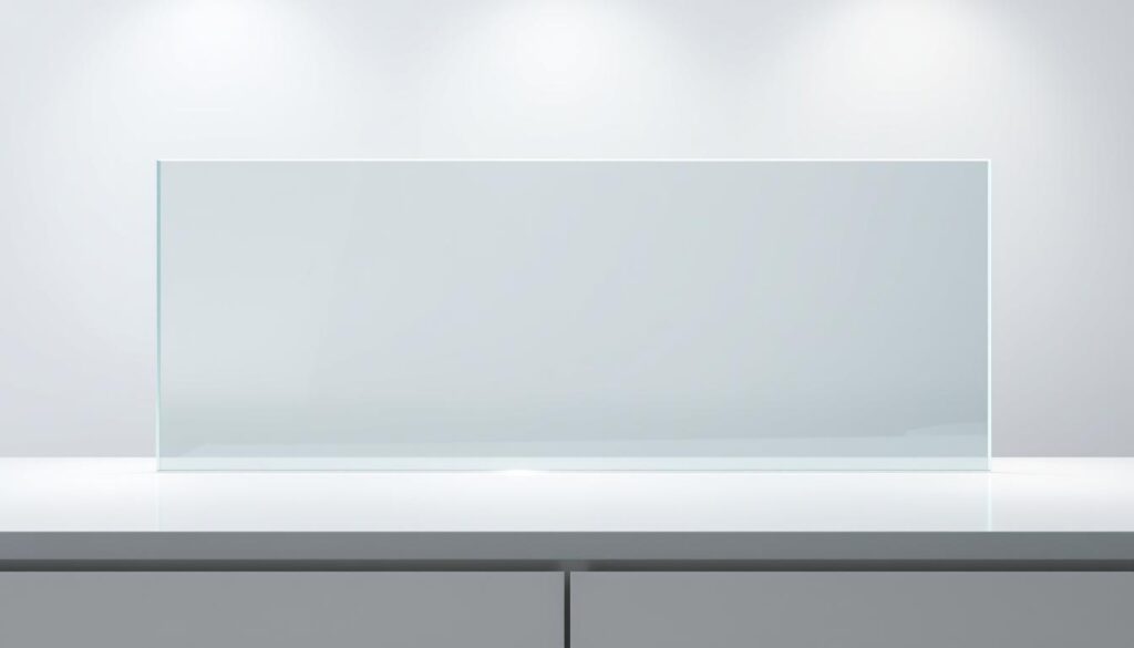 A high-resolution, detailed image of a sheet of tempered glass, also known as safety glass, with a smooth, uniform surface and a slight reflective sheen. The glass is positioned in the center of the frame, taking up the majority of the image. The background is a bright, evenly lit studio environment with soft, diffused lighting, creating a clean, professional aesthetic. The glass has a slight tint or color, depending on the type of safety glass depicted, such as clear, tinted, or frosted. The edges of the glass are slightly beveled, adding depth and dimensionality to the image. The overall composition emphasizes the material properties, durability, and visual appeal of the safety glass, suitable for illustrating a section on kitchen glass splashbacks.