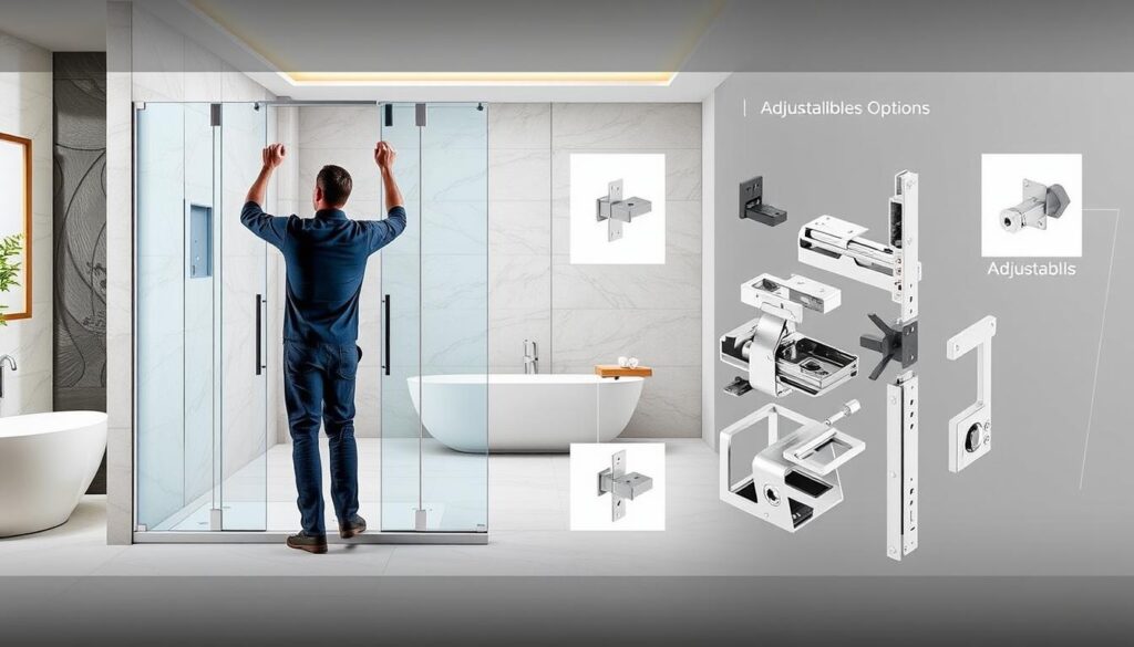 A high-resolution, detailed rendering of a glass shower enclosure installation process, showcasing the various mounting options. The scene depicts a luxurious modern bathroom interior with a freestanding bathtub and elegant tiled walls. In the foreground, a technician is carefully adjusting the sliding glass panels of the shower enclosure, demonstrating the modular and customizable design. The middle ground features an exploded view of the different hardware components, highlighting the adjustability and compatibility of the system. The background includes a clean, minimalist aesthetic with soft, even lighting, emphasizing the sophisticated and functional nature of the walk-in shower solution.
