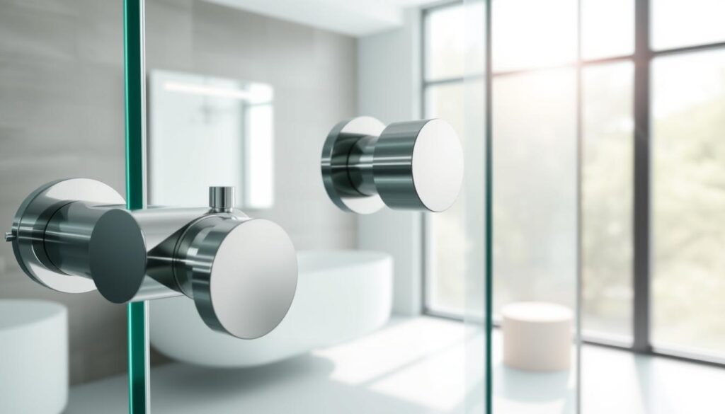 A highly detailed, perfectly composed photograph of sleek, modern glass wall fittings, showcasing their premium quality and elegant design. Showcased against a backdrop of a spacious, minimalist bathroom interior with natural lighting streaming in through large windows, highlighting the pristine materials and precise engineering of the fixtures. The image captures the intricate hardware, smooth profiles, and sophisticated color scheme, emphasizing the small details that elevate the overall aesthetic and functionality of the glass wall system. Captured with a high-resolution camera, the photograph provides a vivid, true-to-life representation of the "beschläge glaswand" components.
