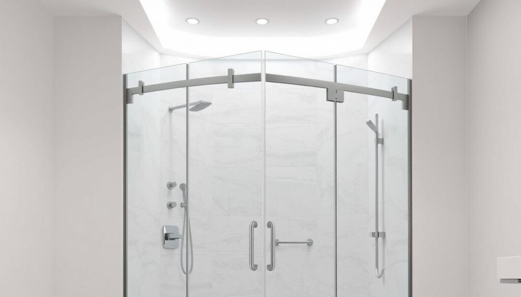 A large, modern shower enclosure made of clear tempered glass stands in a spacious, well-lit bathroom. The enclosure features a wide, high profile with sleek, frameless glass panels that seamlessly integrate with the surrounding tile walls. Discreet chrome hinges and handles provide a polished, minimalist aesthetic. The enclosure occupies a corner, creating an open, airy feel while effectively separating the shower area. Soft, diffused lighting from recessed ceiling fixtures illuminates the space, highlighting the enclosure's clean lines and transparency. The overall scene conveys a sense of sophisticated, spa-like luxury, perfectly suited for the "Handtuchhalter Duschwand kaufen - Ihr Experte Glastuerhop24" article and its "Die richtigen Auswahlkriterien: Größe, Höhe, Eckeinstieg und Nischentür" section.