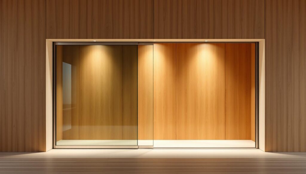 A large, modern sliding glass door set into a sleek, minimalist wall, showcasing the seamless integration of form and function. The tempered glass panel glides effortlessly along a clean, concealed track, allowing for a seamless transition between indoor and outdoor spaces. The wall behind the door is finished in a warm, natural wood grain, creating a striking contrast with the transparency of the glass. Soft, diffused lighting illuminates the scene, highlighting the high-quality materials and precise craftsmanship. The overall composition exudes a sense of elegance, sophistication, and attention to detail, perfectly capturing the essence of a customizable, high-end sliding door solution.