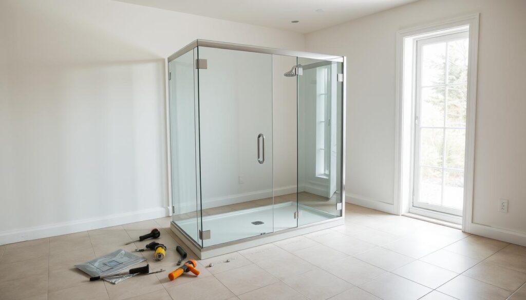 A large, well-lit room with a partially assembled IKEA shower enclosure in the center. The enclosure is made of clear tempered glass panels and metal frames, lying on a tiled bathroom floor. Nearby, there are various tools and hardware components, suggesting the ongoing installation process. Soft, natural lighting filters through a nearby window, casting subtle shadows and highlights on the surfaces. The overall atmosphere is one of focused work and attention to detail, hinting at the care and precision required for a successful shower enclosure installation.