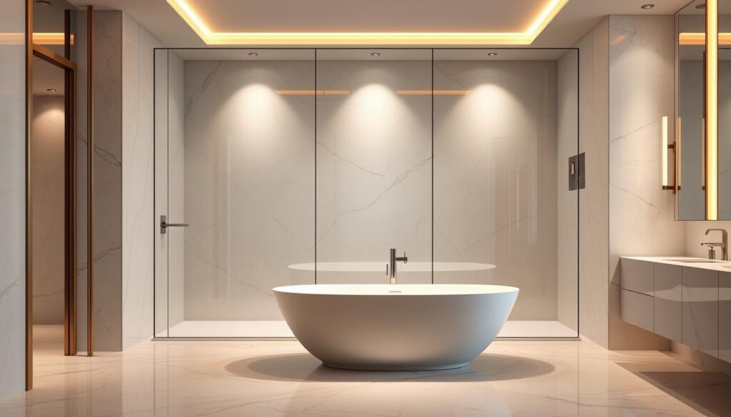 A luxurious bathroom interior with a glass shower enclosure taking center stage. The frameless glass panels reflect the soft, warm lighting from above, creating a sense of spaciousness and elegance. The sleek, minimalist design features clean lines and a neutral color palette, with polished marble floors and walls complementing the glass shower. In the foreground, a freestanding bathtub sits adjacent to the shower, inviting relaxation. The overall atmosphere exudes a spa-like ambiance, highlighting the exceptional craftsmanship and customized design of the Glastuerhop24 glass shower solution. A luxurious bathroom interior with a glass shower enclosure taking center stage. The frameless glass panels reflect the soft, warm lighting from above, creating a sense of spaciousness and elegance. The sleek, minimalist design features clean lines and a neutral color palette, with polished marble floors and walls complementing the glass shower. In the foreground, a freestanding bathtub sits adjacent to the shower, inviting relaxation. The overall atmosphere exudes a spa-like ambiance, highlighting the exceptional craftsmanship and customized design of the Glastuerhop24 glass shower solution.