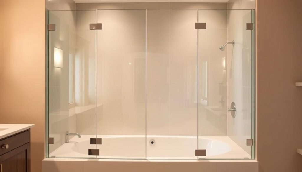 A luxurious, custom-fitted bathtub enclosure, crafted with precision to seamlessly integrate with the contours of your bathtub. The glass panels, meticulously measured and installed, create a sleek, modern barrier that enhances the overall aesthetic of your bathroom. Warm, directional lighting casts a soft glow, accentuating the clean lines and crystal-clear transparency of the glass. The enclosure's flawless fit ensures a watertight seal, providing a functional and stylish solution to transform your bathtub into a spa-like sanctuary. Subtle details, such as the minimalist hardware, contribute to the refined, high-end appearance, elevating the entire bathroom experience.