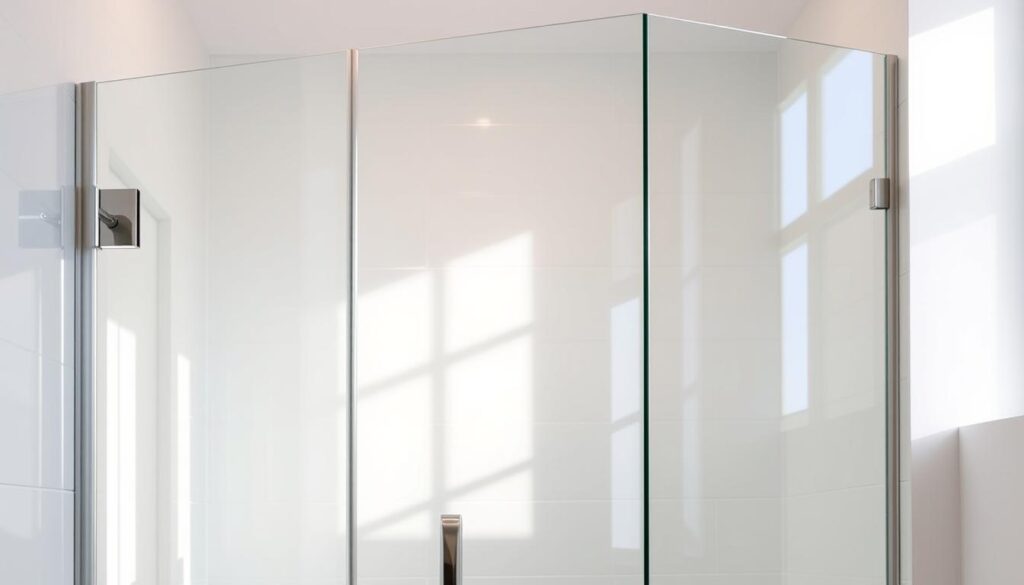 A luxurious glass shower enclosure in a bright, modern bathroom. The frameless glass panels reflect the natural light, creating a clean, minimalist aesthetic. The glass is seamlessly integrated into the sleek, tiled walls, blending function and form. The smooth, transparent surface glistens, accentuating the spaciousness of the room. Subtle chrome hardware complements the design, enhancing the overall sense of sophistication and attention to detail. The carefully curated lighting casts a warm, ambient glow, setting the mood for a relaxing, spa-like experience. The resulting image captures the essence of "Glastuerhop24" - a harmonious fusion of high-quality materials, innovative design, and elevated functionality.