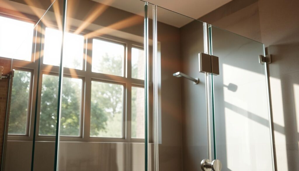 A luxurious glass shower enclosure, its sleek panels reflecting the warm, natural light pouring in from a large window. The glass surface is flawlessly smooth, showcasing a minimalist, frameless design that seamlessly integrates with the modern bathroom's clean aesthetic. Subtle, high-quality hardware in a brushed metal finish accentuates the elegant simplicity of the structure. The overall composition exudes a sense of tranquility and sophistication, perfectly complementing the serene, spa-like atmosphere of the space. A luxurious glass shower enclosure, its sleek panels reflecting the warm, natural light pouring in from a large window. The glass surface is flawlessly smooth, showcasing a minimalist, frameless design that seamlessly integrates with the modern bathroom's clean aesthetic. Subtle, high-quality hardware in a brushed metal finish accentuates the elegant simplicity of the structure. The overall composition exudes a sense of tranquility and sophistication, perfectly complementing the serene, spa-like atmosphere of the space.