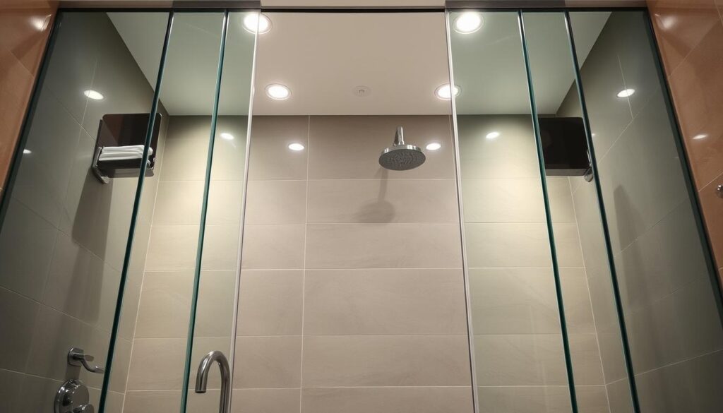 A luxurious glass walk-in shower with a sleek, minimalist design. Crisp, clean lines of tempered glass panels framed in polished chrome create an open, airy feel, maximizing the sense of space. Soft, diffused lighting from recessed ceiling fixtures subtly illuminates the interior, casting a warm, inviting glow. Smooth, seamless glass surfaces reflect the surrounding tiles and fixtures, creating an elegant, cohesive aesthetic. The open layout allows for easy access and a spa-like showering experience, while the glass walls provide effective water containment. A timeless, high-end bathroom centerpiece that combines functionality and contemporary style.