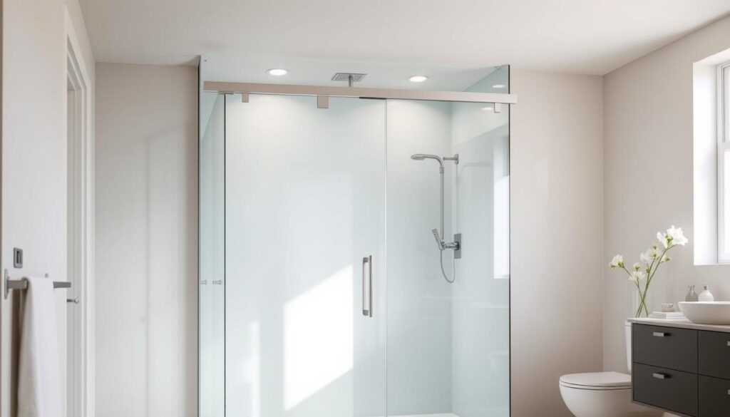 A meticulously crafted shower enclosure with a sleek sliding door stands in a modern, well-lit bathroom. The frameless glass panels create an airy, minimalist aesthetic, allowing natural light to flood the space. Smooth, seamless lines and precisely fitted hardware elevate the design, ensuring a custom, tailored look that complements the room's refined décor. Soft, diffused lighting from recessed fixtures casts a warm, inviting glow, while the clean, uncluttered layout emphasizes the focal point of the luxurious, bespoke shower solution.