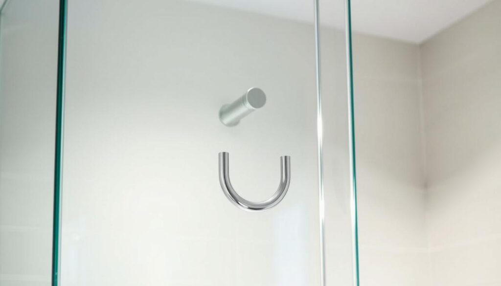 A minimalist glass shower wall with a gleaming chrome hand towel hook mounted on its surface. The hook, labeled "DK3111", reflects the soft lighting from above, casting a warm glow. The glass is crystal clear, distortion-free, allowing a view of the bathroom tiles behind it. The overall scene exudes a sense of modern, high-end elegance and functionality, perfectly suited to showcase the quality and design of this specialized shower hardware.