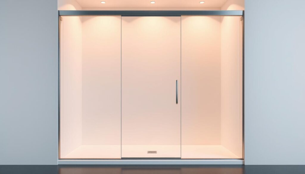 A minimalist, high-contrast image showcasing a modern, walk-in shower enclosure. The frame is made of sleek, brushed aluminum, with a large, seamless glass panel that extends from floor to ceiling, creating an open, airy feel. The shower space is bathed in warm, diffused lighting, gently illuminating the water droplets on the glass. The background is a clean, white wall, highlighting the simplicity and elegance of the shower design. The overall atmosphere conveys a sense of luxury, relaxation, and spa-like tranquility.