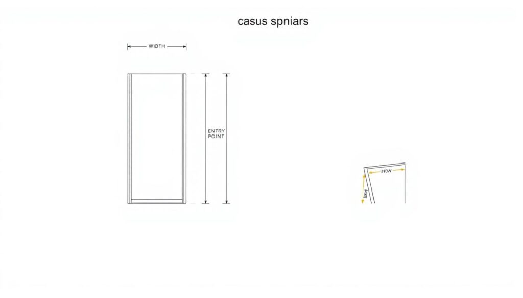 A minimalist, technical illustration showcasing the key measurements for a custom shower enclosure. A clean, white background with precise, technical line drawings highlighting the width, height, entry point, and profile dimensions of the shower. Rendered in a muted, engineering-inspired color palette with crisp, clean lines to convey a sense of functionality and design. The illustration should have a technical, architectural feel that aligns with the subject matter and section title.