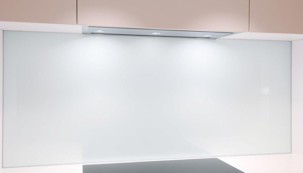 A minimalist yet sophisticated glass splashback with a sleek, modern design. The glass surface has a seamless, high-gloss finish that catches the light, creating a subtle sheen. The splashback is positioned in a well-lit kitchen, with soft, diffused lighting from overhead fixtures illuminating the space. The angles and perspectives showcase the splashback's crystal-clear transparency and the way it blends harmoniously with the surrounding kitchen elements. The overall atmosphere is one of understated elegance and functionality, reflecting the high-quality, made-to-measure nature of the product.