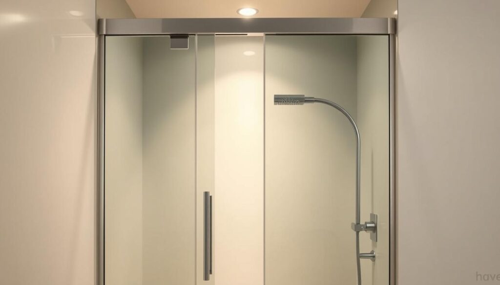 A modern and elegant glass shower door, with a sleek frameless design and a smooth, seamless transition from the shower enclosure to the bathroom. The door is made of high-quality tempered glass, offering a crystal-clear view and a sense of spaciousness. Soft, diffused lighting illuminates the scene, creating a warm and inviting atmosphere. The door is slightly ajar, hinting at the privacy and comfort of the shower experience within. The overall composition emphasizes the minimalist aesthetic and the integration of the door into the broader bathroom design.