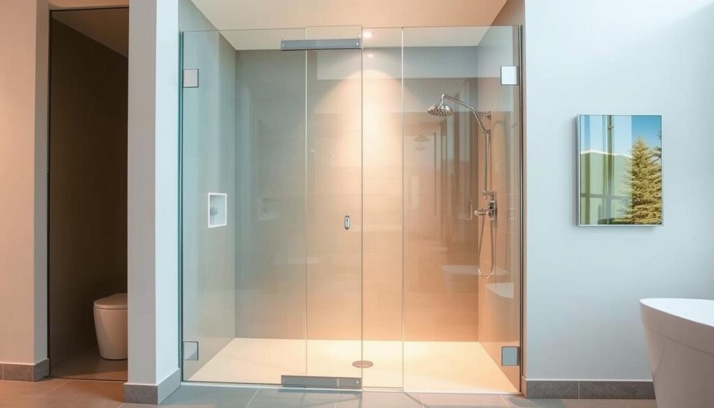 A modern and elegant glass shower enclosure stands in a beautifully lit bathroom. The frameless glass panels reflect the warm lighting, creating a sleek and minimalist aesthetic. The shower area is spacious, with a seamless glass door that glides open effortlessly. The high-quality glass is crystal clear, allowing the natural light to flood the space and creating a sense of openness. The shower floor is tiled in a neutral, complementary color, adding to the overall clean and sophisticated look. The entire setup is designed to provide a luxurious and spa-like experience, perfect for an article on choosing the right glass shower enclosure.