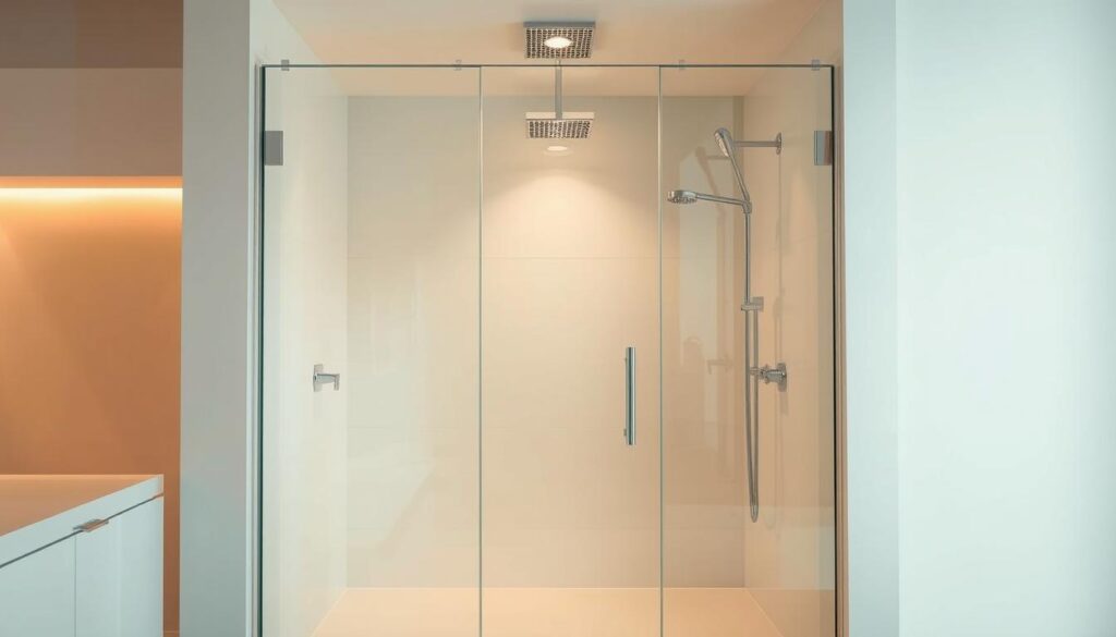 A modern and spacious walk-in shower enclosure set against a bright, minimalist bathroom backdrop. The glass panel is wide and seamless, its clean lines and edge-to-edge transparency creating an open, airy feel. Warm, diffused lighting from overhead fixtures casts a soft, inviting glow, while the polished chrome fixtures and fittings provide a sleek, contemporary accent. The entire scene emphasizes the generous width and premium quality of the glass shower solution, perfectly suited for the "Breite" section of the article.