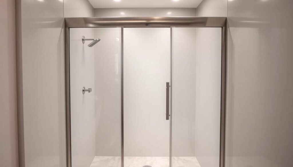 A modern, custom-built shower enclosure with a minimalist, sleek design. The glass panels are tall and wide, creating an open, spacious feel. The frame is made of high-quality, brushed stainless steel, seamlessly blending form and function. Soft, indirect lighting illuminates the scene, casting a warm, inviting glow. The shower floor is tiled in a complementary neutral tone, with subtle textures that add visual interest. The overall aesthetic is one of understated elegance, perfect for a luxurious, personalized bathroom space.
