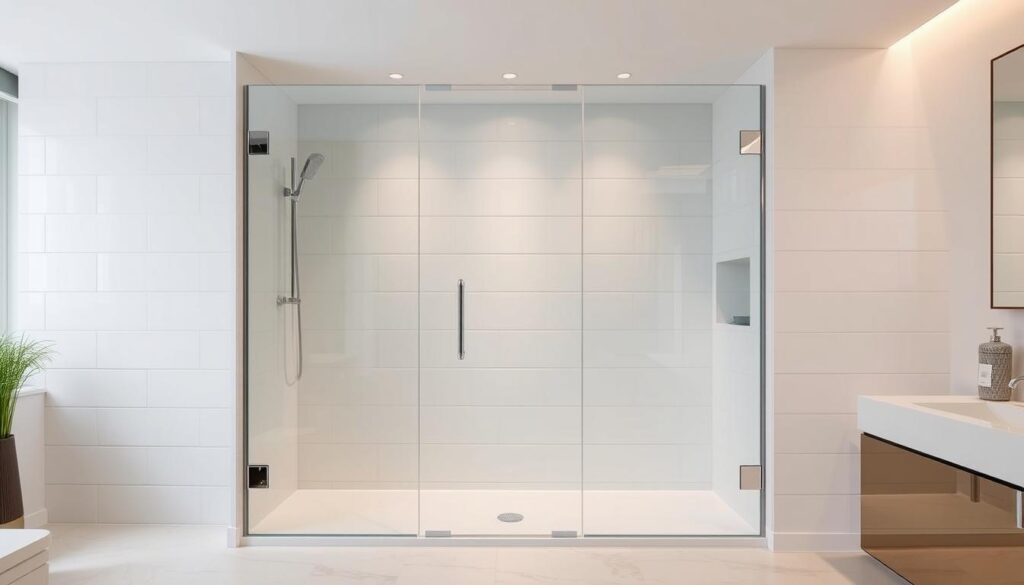 A modern, custom-designed glass shower enclosure standing in an elegant bathroom. The tempered glass panels are seamlessly integrated, creating a sleek and minimalist aesthetic. Subtle chrome fixtures accent the design, while recessed lighting casts a warm, inviting glow. The enclosure is positioned against a crisp, white tiled wall, complementing the room's clean and sophisticated atmosphere. The entire scene is captured from a slightly elevated angle, emphasizing the streamlined form and attention to detail of this bespoke duschabtrennung.