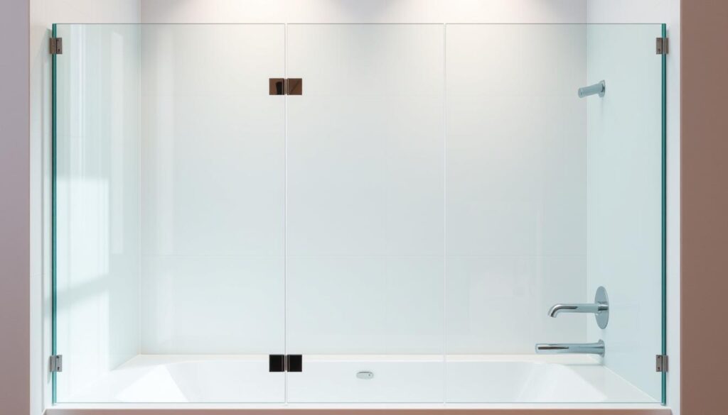A modern, elegant shower enclosure for a bathtub, crafted with precision-cut frameless glass panels. The sleek, minimalist design features a smooth, transparent barrier that seamlessly integrates with the tub, allowing natural light to flow through and creating an open, spa-like ambiance. The glass panels are expertly installed, with clean, crisp lines and a flawless, high-quality finish. Soft, diffused lighting casts a warm, inviting glow, accentuating the luxurious materials and premium craftsmanship. The overall scene conveys a sense of tranquility, sophistication, and attention to detail, perfectly capturing the essence of a premium shower enclosure solution for a bathtub.