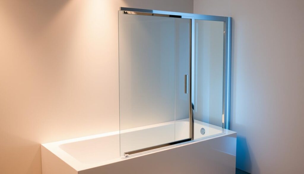 A modern, foldable shower enclosure for a bathtub, featuring sleek tempered glass panels with a minimalist chrome frame. The partition folds neatly against the wall when not in use, maximizing floor space. Soft LED lighting illuminates the scene, creating a serene, spa-like ambiance. The enclosure is positioned at a slight angle, showcasing its elegant, streamlined design. Reflective surfaces and clean lines give the setup a high-end, contemporary feel. The overall composition highlights the flexibility and space-saving benefits of this practical bathroom solution.