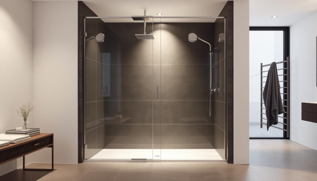 A modern, frameless glass shower enclosure with a sleek, minimalist design stands in a spacious, well-lit bathroom. The glass panels are seamlessly integrated into the tiled floor, creating a seamless, barrier-free transition. Soft, indirect lighting casts a warm, inviting glow, highlighting the high-quality materials and craftsmanship. The shower is equipped with high-end fixtures, including a rainfall showerhead and a handheld sprayer, providing a luxurious bathing experience. The overall atmosphere is one of sophistication, comfort, and accessibility, perfectly capturing the essence of a made-to-measure, glass shower solution from Glastürhop24.
