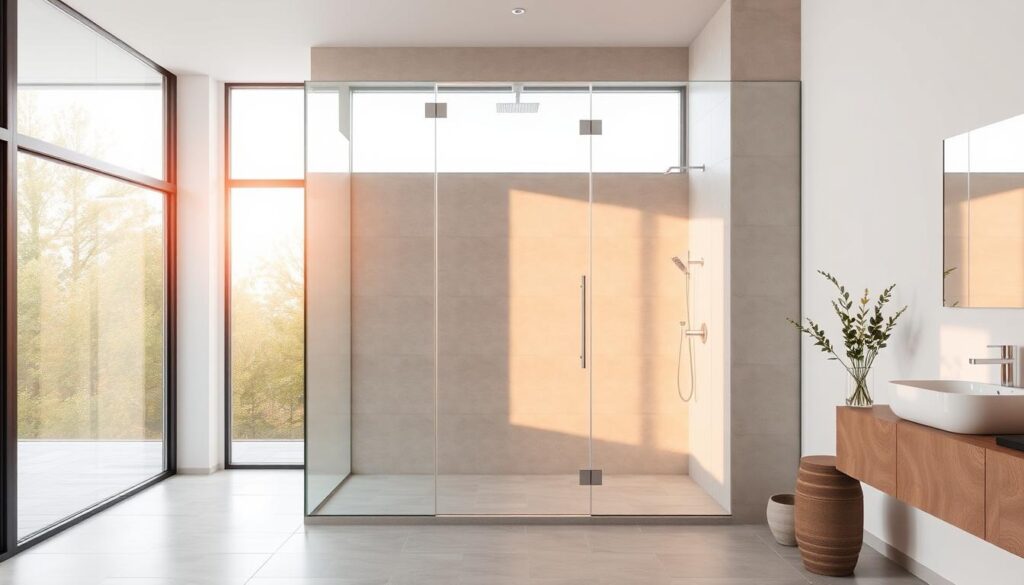 A modern glass shower enclosure with a minimalist design, positioned in a spacious, well-lit bathroom. The frameless glass panels reflect the warm, natural light from the large window, creating a sense of openness and tranquility. The seamless, sleek design of the shower wall blends harmoniously with the clean, tiled surfaces and contemporary fixtures, showcasing high-quality craftsmanship and attention to detail. The overall composition emphasizes the luxurious, spa-like atmosphere of the bathroom, perfectly suited for the "Trennwand- und Schiebetürlösungen nach Maß für Ihr Badezimmer" section.