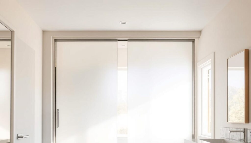 A modern glass sliding door with a frosted privacy screen, bathed in warm natural light streaming through a large window. The door's sleek, minimalist frame seamlessly integrates with the bright, airy bathroom decor. Smooth, tempered glass panels effortlessly glide open and closed, providing a clean, unobstructed view. The frosted panels diffuse light, creating a soft, diffused glow throughout the space. The entire setup exudes a sense of elegance and sophistication, perfectly complementing the luxurious bathroom atmosphere.