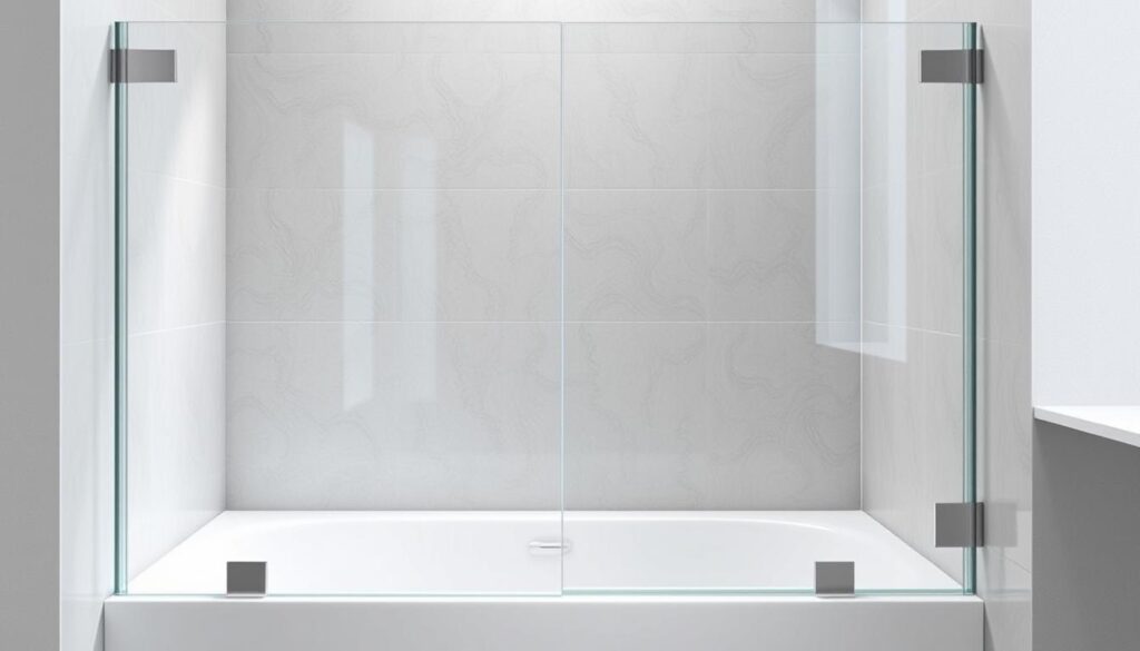 A modern, high-quality bathtub enclosure made of tempered glass panels with a sleek, frameless design. The enclosure features a seamless, transparent barrier that allows natural light to flow into the bathroom, creating a spacious and airy ambiance. The glass panels are meticulously crafted with precision edges and a durable, water-resistant finish, ensuring a sturdy and long-lasting installation. The enclosure is designed to fit snugly against the bathtub, minimizing water splashes and maintaining a clean, minimalist aesthetic. Subtle hardware accents, such as stainless steel hinges and handles, complement the overall elegant appearance, creating a harmonious and sophisticated bathroom solution.