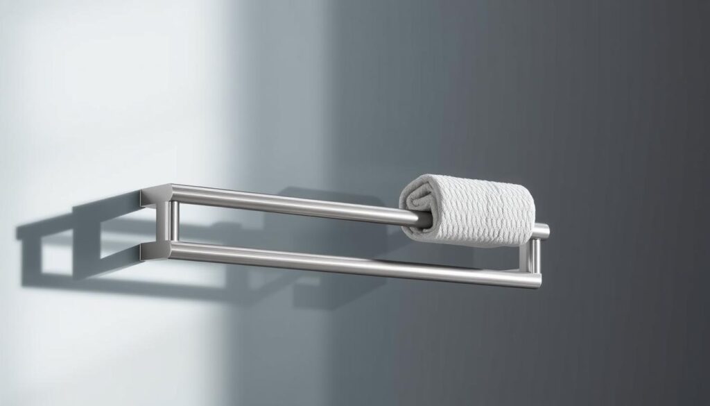 A modern, high-quality double towel rail in a sleek, minimalist design. The Smedbo SIDELINE DK3102 towel holder is crafted from brushed stainless steel, with a clean, linear aesthetic that complements contemporary bathroom decor. Illuminated by soft, indirect lighting, the towel rail is positioned against a smooth, reflective glass surface, creating a sense of depth and visual interest. The frame casts subtle shadows, adding depth and dimension to the scene. Capturing the premium quality and subtle elegance of this bathroom accessory, the image showcases its functional purpose while highlighting the refined, architectural style that defines this Smedbo product.