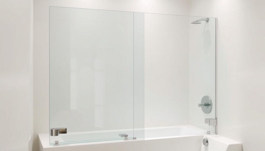 A modern, high-quality glass shower wall for a bathtub, designed to seamlessly integrate into a luxurious bathroom. The panel is made of clear, tempered glass with a sleek, minimalist frame, creating a sense of openness and light. The glass is positioned at a slight angle, allowing for easy entry and exit from the bathtub. The wall is supported by sturdy, chrome-finished hardware, ensuring a stable and secure installation. The lighting is soft and diffused, highlighting the transparency of the glass and the overall elegant aesthetic. The entire scene conveys a sense of refined, spa-like luxury, perfectly suited for the "Duschtrennwand Glas" article.