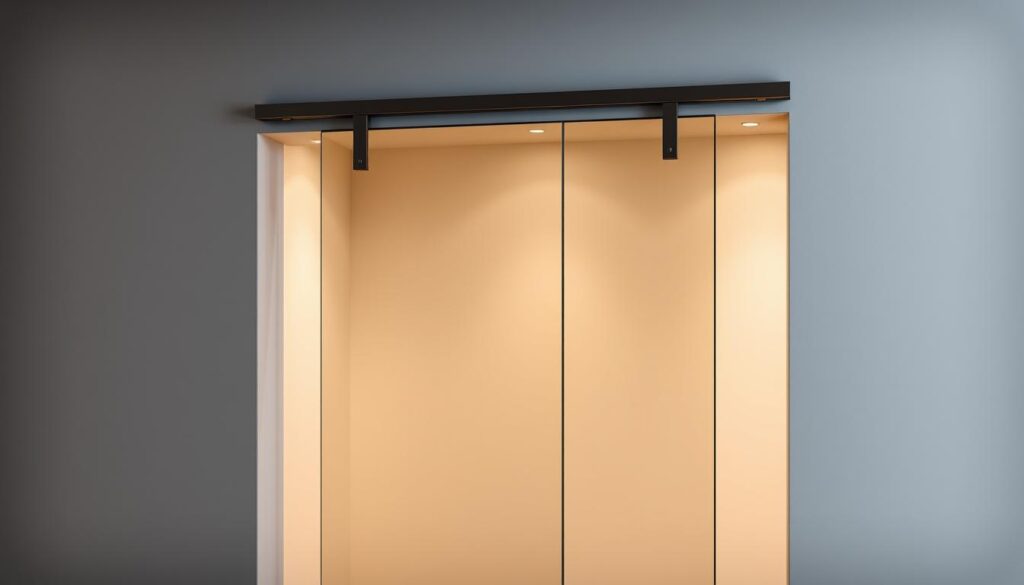 A modern, high-quality schiebetürsystem featuring a sleek, minimalist design. The sliding door is suspended from an unobtrusive overhead track, seamlessly integrated into the wall. Minimal hardware and a clean, frameless glass panel create an elegant, uncluttered appearance. The system is recessed into the wall, allowing for a flush, built-in installation that maximizes available space. Soft, diffused lighting highlights the material finishes, which could include polished stainless steel, matte black, or natural wood tones. The entire setup conveys a sense of refined, contemporary style suitable for a variety of upscale residential or commercial interiors.