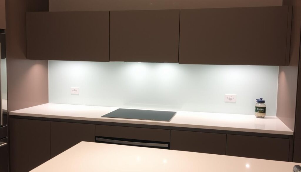 A modern kitchen counter with a glass splashback, illuminated by soft, even lighting. The glass surface is sleek and seamless, reflecting the surrounding cabinetry and appliances. The splashback extends from the countertop to the overhead cabinets, providing a clean, minimalist look. The glass is tinted a subtle, neutral shade, complementing the kitchen's color scheme. The edges of the splashback are carefully finished, ensuring a polished, high-quality appearance. The overall scene conveys a sense of sophistication, functionality, and attention to detail in the kitchen design.