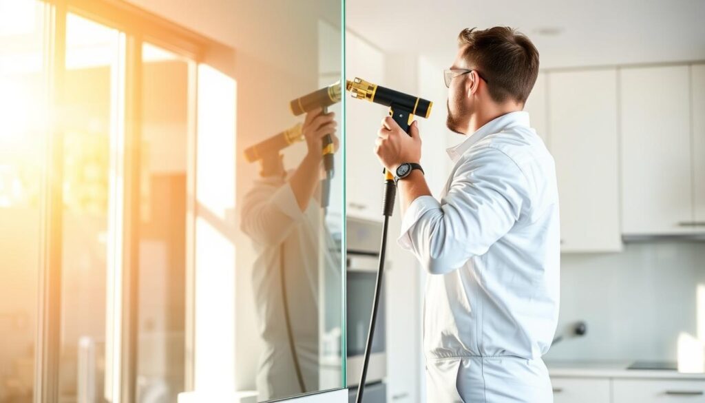 A modern kitchen interior, bathed in warm, natural lighting. In the foreground, a large pane of tempered glass is being carefully mounted onto the wall, its edges sealed with a smooth, professional-grade silicone sealant. The glass panel glistens, reflecting the bright, airy atmosphere of the space. In the middle ground, a skilled tradesman, dressed in a crisp, white uniform, uses a specialized suction tool to delicately position the glass, ensuring a flawless, seamless installation. The background features clean, minimalist cabinetry and appliances, complementing the sleek, contemporary design of the glass panel. The scene conveys a sense of precision, care, and the effortless integration of custom glass elements into a modern kitchen setting.
