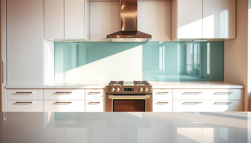 A modern kitchen interior with a sleek glass splashback. The foreground showcases the splashback, a glossy panel of transparent glass that runs the length of the countertop. Crisp, white cabinets and drawers frame the splashback, creating a minimalist, high-end aesthetic. The middle ground features stainless steel appliances, including a range and sleek vent hood, all bathed in warm, natural lighting. The background reveals a glimpse of a light-colored hardwood floor and a bright, airy atmosphere, evoking a sense of cleanliness and sophistication. The overall scene conveys a premium, high-quality kitchen design that prioritizes both form and function.