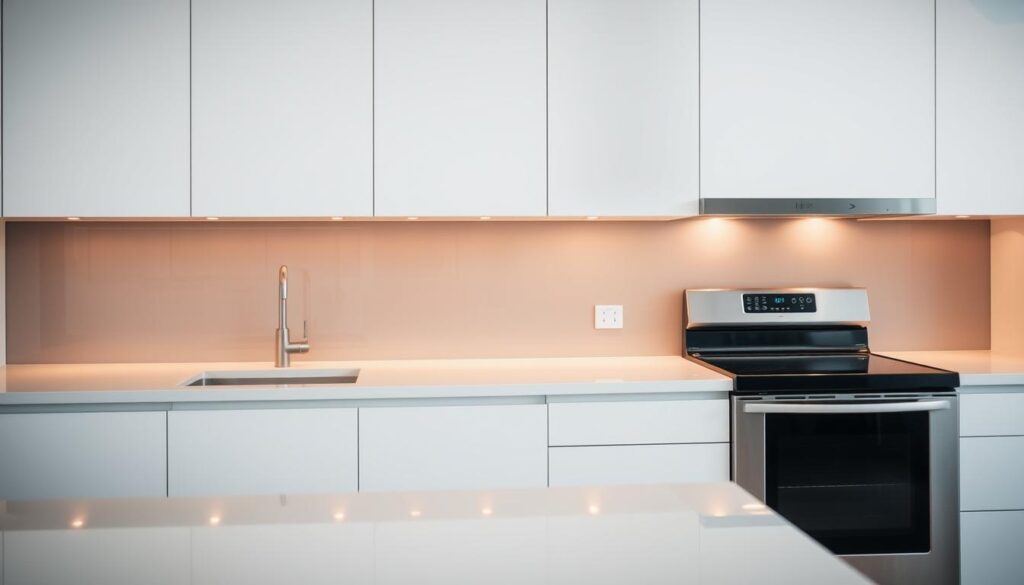 A modern kitchen with a sleek glass backsplash, capturing the essence of a minimalist and elegant design. The glass surface reflects the warm, diffused lighting, creating a serene and sophisticated atmosphere. The backsplash spans the entire width of the kitchen counter, seamlessly integrating with the crisp, white cabinetry and stainless steel appliances. The glass appears flawlessly smooth, with a subtle sheen that adds depth and visual interest. The overall composition emphasizes the clean lines, muted color palette, and the functional yet visually appealing nature of the kitchen space.