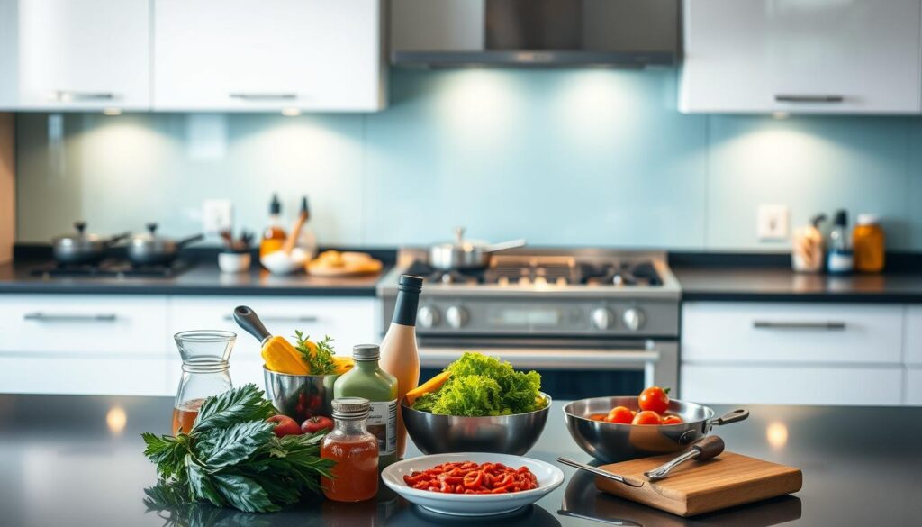 A modern kitchen with a sleek glass backsplash that seamlessly blends style and function. The glass panel reflects the warm, ambient lighting, creating a luminous and inviting atmosphere. The surface is meticulously clean, free from any splashes or stains, showcasing its durable and easy-to-clean properties. In the foreground, a selection of gourmet cooking ingredients and utensils sit neatly organized, ready for culinary experimentation. The middle ground features a minimalist, high-end stove and oven, their polished surfaces complementing the glass backsplash. The background fades into a softly blurred, neutral-toned kitchen, allowing the glass panel to take center stage as the focal point. The overall scene radiates a sense of modern sophistication and culinary inspiration.