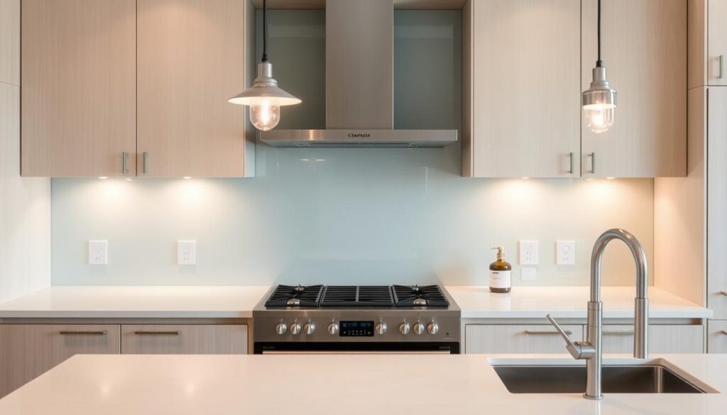 A modern kitchen with a sleek, tempered glass splashback covering the wall behind the stove and sink. The glass panel reflects the warm, diffused lighting from overhead pendants, casting a soft, even glow throughout the space. The splashback seamlessly blends into the white quartz countertops and pale wood cabinetry, creating a cohesive, minimalist aesthetic. The glass surface is free of any visible seams or hardware, presenting a smooth, uninterrupted plane that protects the walls from splashes and spills. A stainless steel faucet and appliances add a touch of metallic shine, complementing the clean, contemporary design.