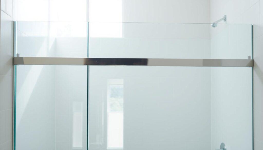 A modern, minimalist custom-made glass shower enclosure, meticulously crafted to seamlessly integrate with a contemporary bathroom. Precisely measured panels of crystal-clear tempered glass, framed in sleek, chrome-finished hardware, create a visually striking and functional shower divider. Abundant natural light filters through the transparent glass, imbuing the space with a sense of openness and airiness. Reflection and refraction of light on the glass surfaces produce a mesmerizing, almost ethereal effect. The clean, geometric lines and the absence of clutter or distractions allow the high-quality materials and craftsmanship to take center stage, creating an elevated, spa-like ambiance.