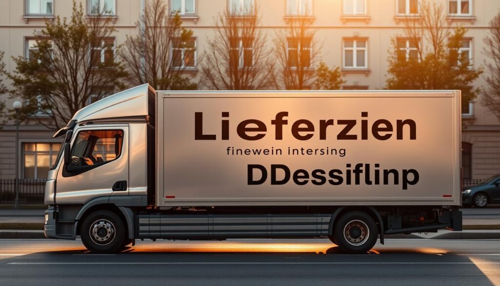 A modern, minimalist delivery truck parked on a city street, its sides adorned with the phrase "Lieferzeit innerhalb Deutschlands" in a bold, contemporary font. The truck is bathed in warm, golden afternoon light, casting soft shadows across its sleek, silvery exterior. In the background, a row of nondescript buildings provides a subtle urban backdrop, suggesting the reliable, efficient delivery service within the confines of Germany. The scene conveys a sense of professionalism, punctuality, and the convenience of hassle-free home delivery.