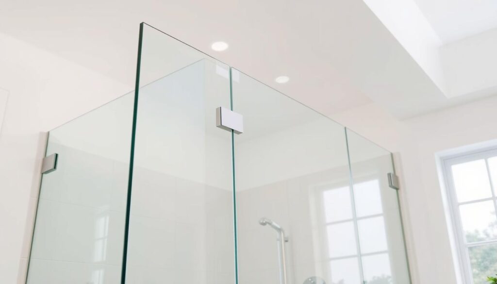 A modern, minimalist glass shower enclosure in a bright, airy bathroom. The sleek, frameless glass panel effortlessly glides into place, seamlessly integrated without any visible screws or drilling. Soft, diffused lighting from recessed ceiling fixtures and a large window create a soothing, spa-like atmosphere. The smooth, polished glass surface reflects the clean, contemporary tile work and clean lines of the bathroom vanity. Attention to detail is evident in the precision-engineered hardware that allows for easy, tool-free installation. This elegant, no-drill shower solution showcases the beauty of high-quality glass and the convenience of a hassle-free setup.