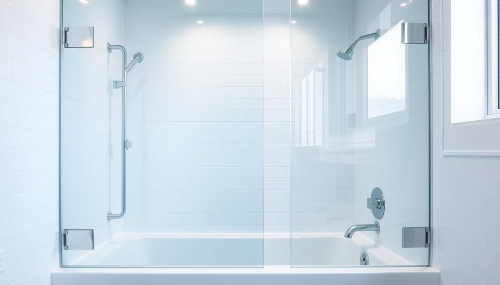A modern, minimalist glass shower enclosure seamlessly wraps around the corner of a sleek, rectangular bathtub. The tempered glass panels are frameless, allowing the natural light to flood the space and create a sense of openness. Subtle chrome hardware accents complement the streamlined design. The shower area is illuminated by a pair of recessed ceiling lights, casting a warm, ambient glow. The entire setup is positioned against a backdrop of crisp, white subway tiles, enhancing the clean, contemporary aesthetic. This innovative, space-saving solution offers the perfect blend of form and function, elevating the bathroom experience.