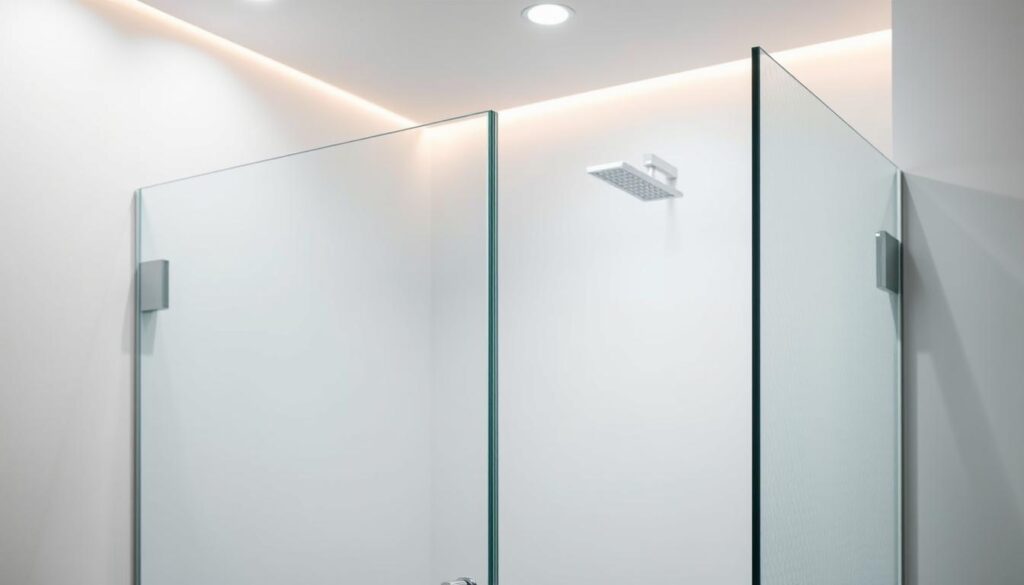 A modern, minimalist glass shower enclosure set against a softly lit, contemporary bathroom interior. The frameless glass panels reflect the room's clean lines and neutral color palette, creating an elegant, spa-like atmosphere. The glass has a subtle, textured pattern, adding visual interest and a high-end, custom feel. Indirect lighting from above casts a warm, diffused glow, accentuating the glass's transparency and sleek silhouette. The shower enclosure is positioned to maximize the sense of openness and flow, seamlessly integrating with the bathroom's overall design.