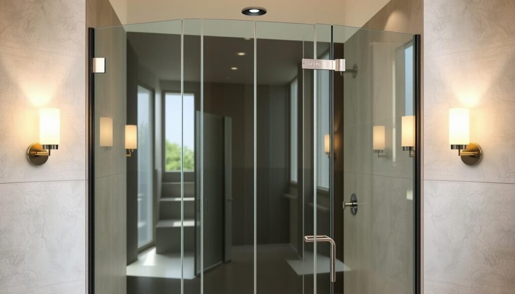 A modern, minimalist glass shower enclosure standing in a chic, contemporary bathroom. The frameless glass panels reflect the natural light, creating a sense of openness and airiness. The clean, sleek design seamlessly blends with the tiled walls, complementing the overall aesthetic. Soft, diffused lighting from wall sconces casts a warm glow, enhancing the luxurious feel. The glass surface is meticulously polished, allowing for a crystal-clear view of the elegant bathroom fixtures. The entire scene exudes a sense of sophistication and sophistication, perfectly capturing the essence of a high-quality, custom-designed glass shower solution.